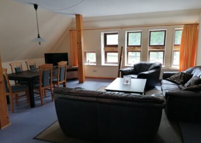 Wohn- und Esszimmer der Ferienwohnung Deele 1 mit Esstisch, Couch und Sessel.